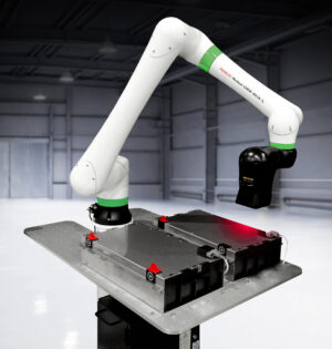 CRX-10iA/L collaborative robot utilizing FANUC iRVision for battery inspection.